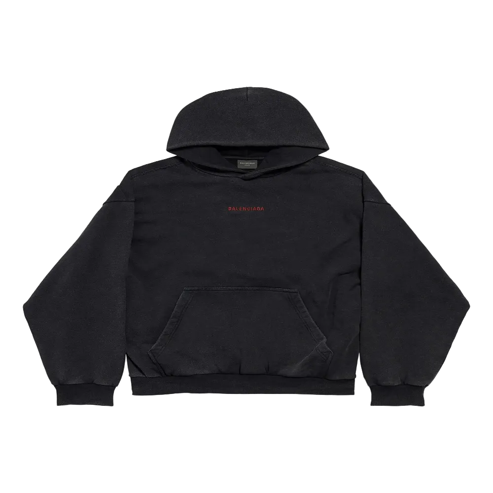 Balenciaga Red Logo Hoodie Washed Black